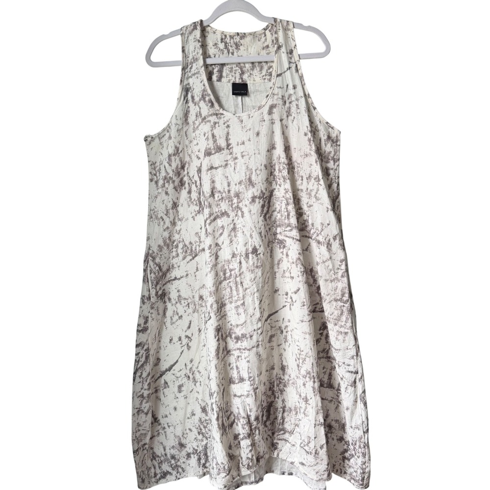 Simply Mila Midi Dress Sleeveless Gray‎ Ivory Marble Print Relaxed 100% Cotton L